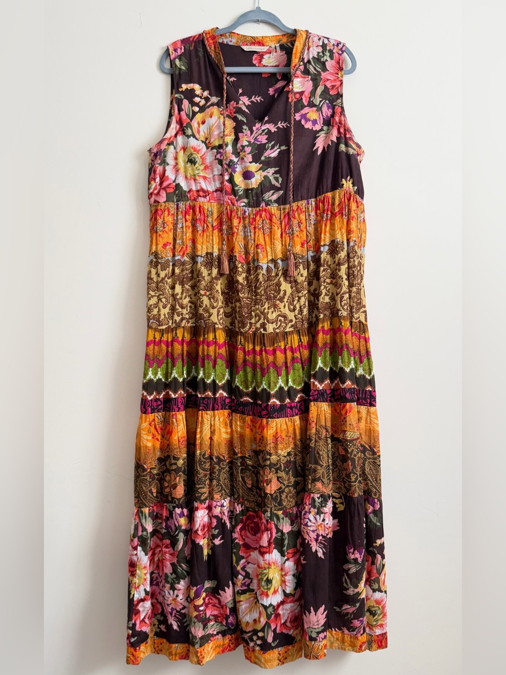 Soft Surroundings Floral Patchwork Boho Tiered Maxi Dress Size L